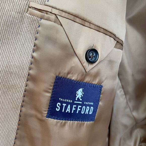 STAFFORD CLASSIC FIT SIGNATURE TAN CORDUROY BLAZER WITH ELBOW PATCHES. SIZE 52R - Picture 6 of 8